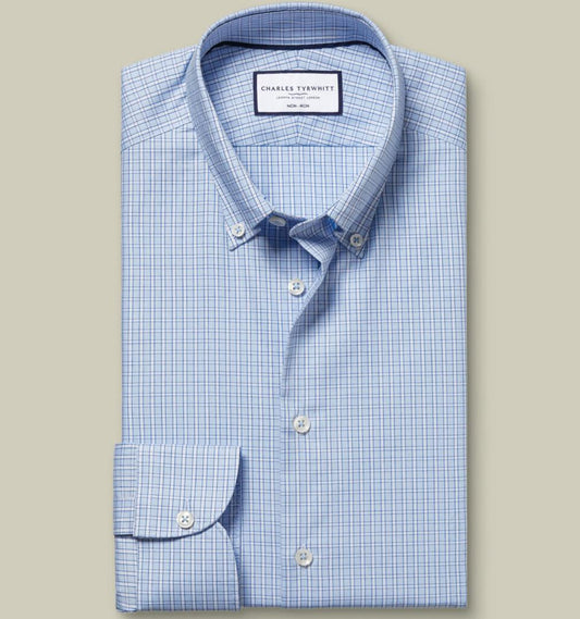 SF Bleu ciel Chemise extensible à tissage Oxford nervuré et carreaux - Charles Tyrwhitt